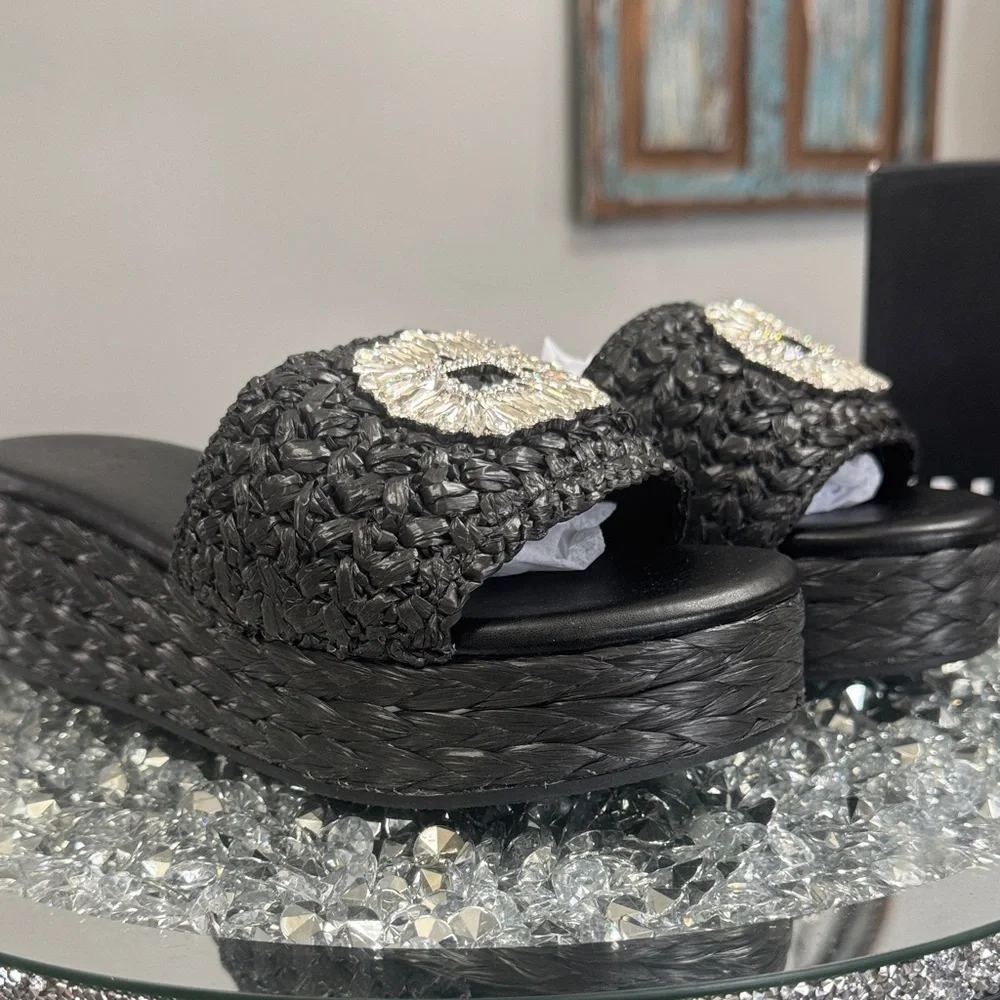 INC International Concepts Black Silver Raffia Woven Platform Sandals NEW 9.5